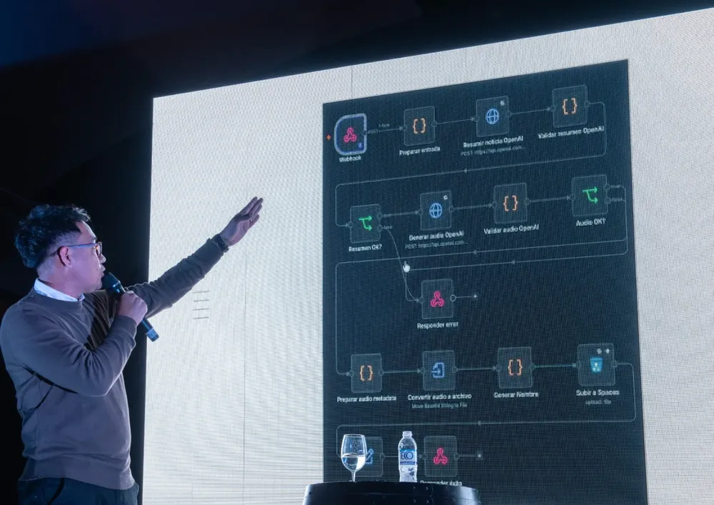 Harald Valdivieso mostrando un flujo de automatización con n8n en una charla
