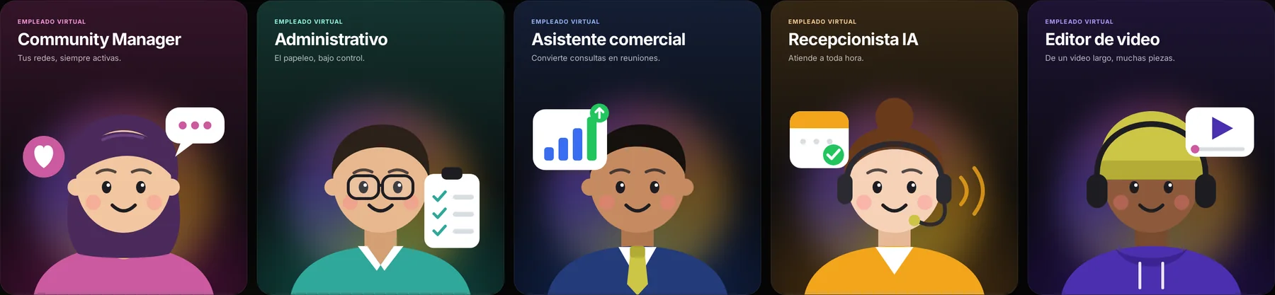 Los cinco empleados digitales de WAIA: community manager, administrativo, asistente comercial, recepcionista IA y editor de video